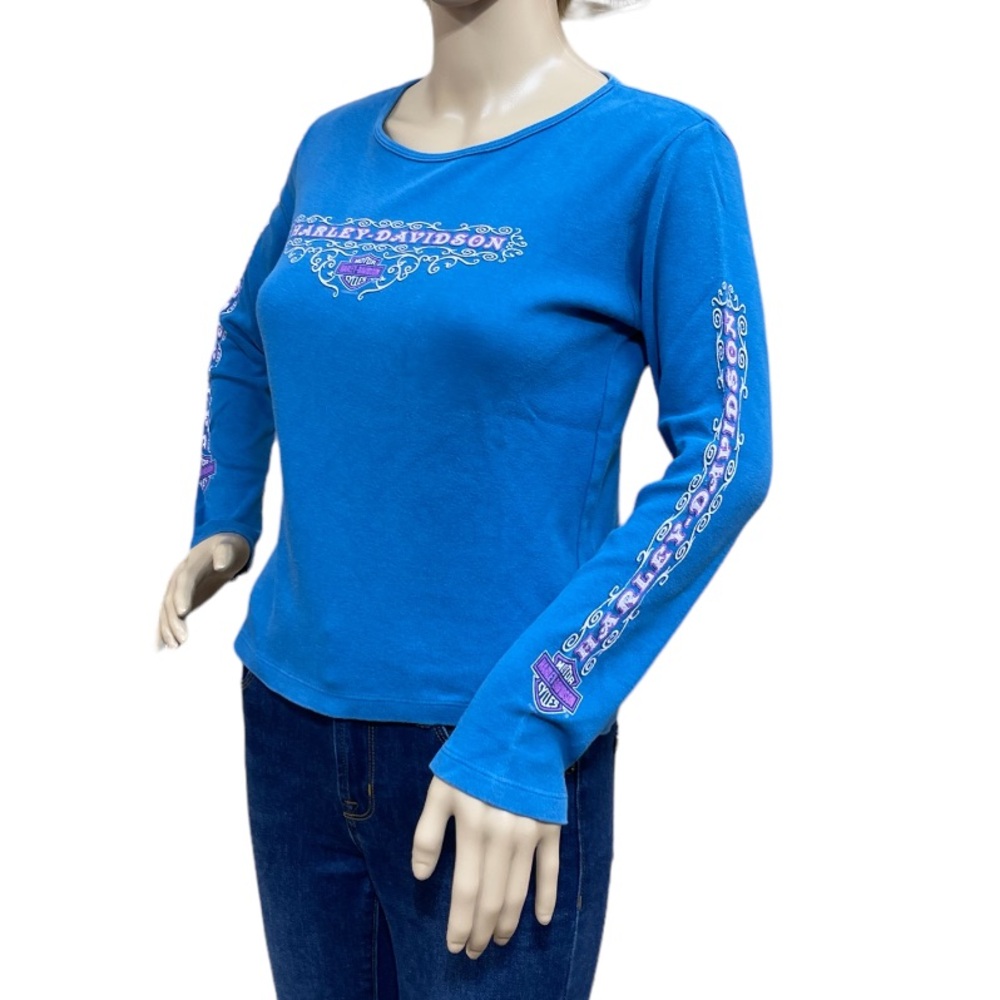 HARLEY-DAVIDSON Women’s Blue Crop Top Long Sleeve Tee Shirt Size Small - Picture 5 of 14